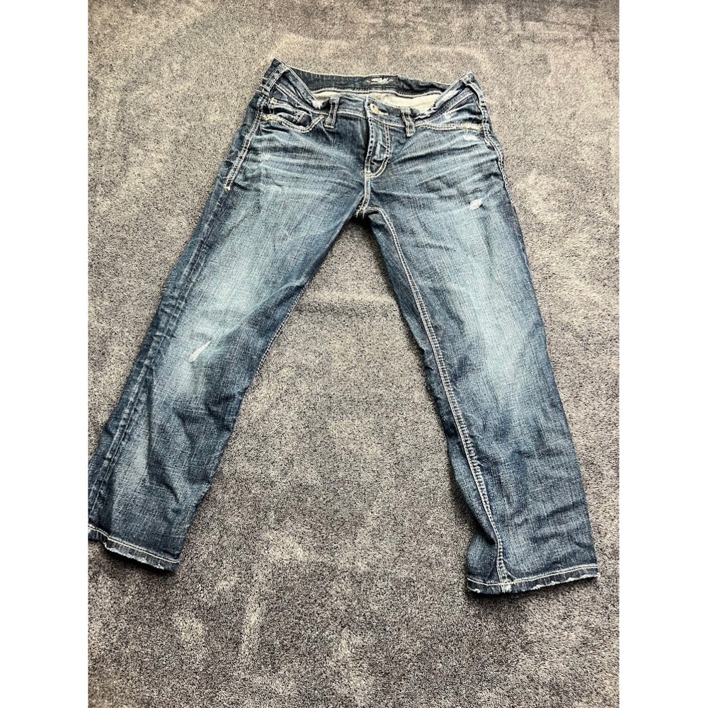 Silver Jeans Co Womens Mid Rise Capri Distressed Medium Wash Denim Blue Size 29